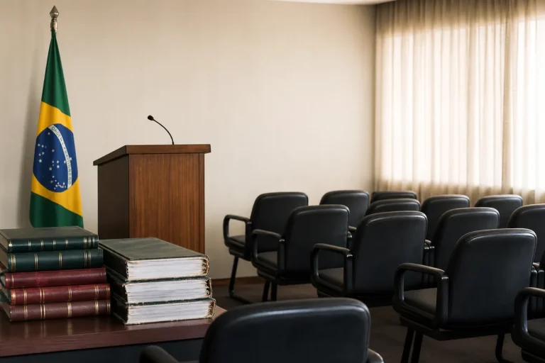 Sede de sindicato de servidores públicos com tribuna, bandeira e estatutos para registro no MTE
