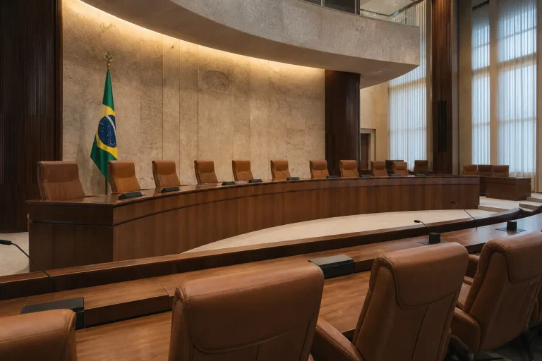 Plenário de conselho superior preparado para sessão de julgamento