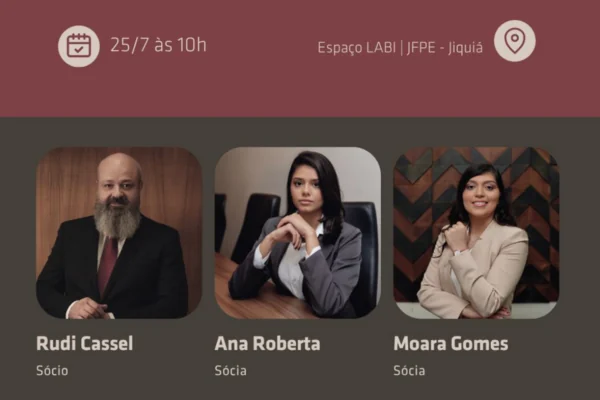 Palestra jurídica no Espaço Labi, JFPE Jiquiá Arte da palestra jurídica de 25 de julho no Espaço Labi da JFPE, no Jiquiá, com Rudi Cassel, Ana Roberta e Moara Gomes